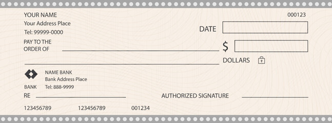 Empty Blank bank cheque Personal desk check background template