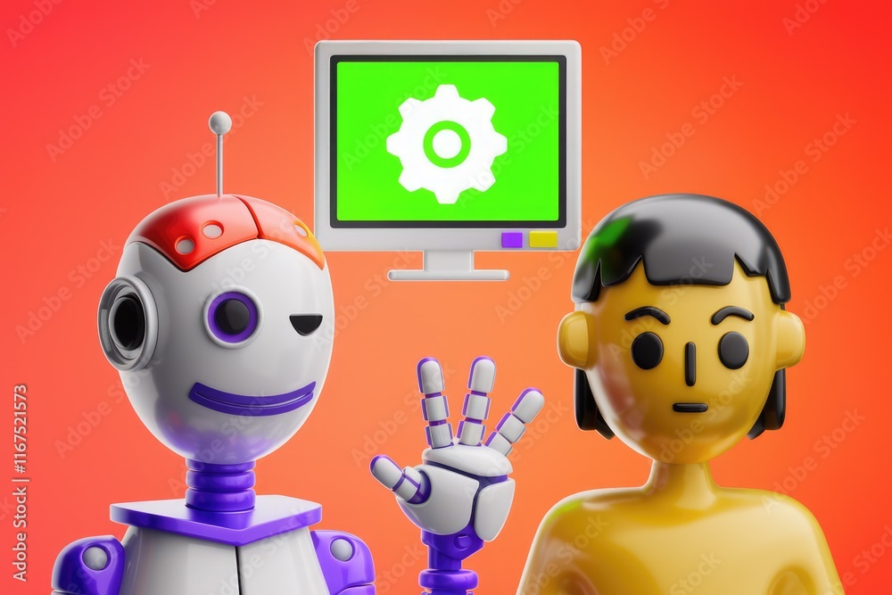 Leinwandbilder Friendly robot and human collaborate on a computer screen displaying a gear icon, symbolizing teamwork and technological collaboration.