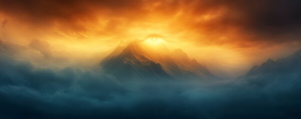 Fototapeta premium A breathtaking mountain landscape bathed in golden sunlight, surrounded by dramatic clouds and an ethereal atmosphere.