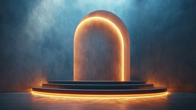 A single spotlight shines on an empty modern podium creating a stark contrast between light and shadow symbolizing focus potential opportunity clarity in a minimalistic setting against chaos

