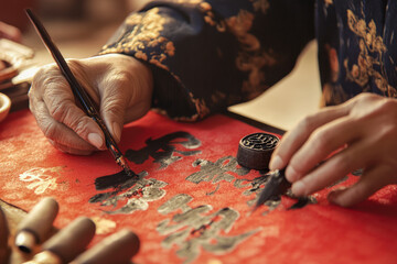 Elderly hands crafting traditional Chinese calligraphy with brush and ink on red paper for cultural celebration.