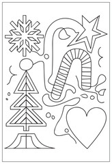 Winter holidays joy themed coloring page with christmas tree ornaments and cute cheerful snowman