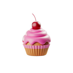 A 3D render of a cartoon style pink cupcake on a transparent background. The cupcake has a pink icing and a cherry on top. 