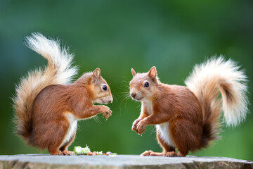 Two red squirrels eating nuts on a tree stump © giedriius