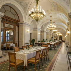 Fototapeta premium restaurant table with wooden chairs placed in hall