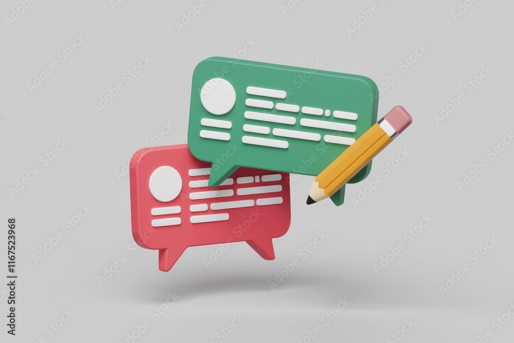 Aufkleber 3d illustration of two speech bubbles with text and a pencil, representing communication and writing