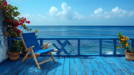A blue chair is on a wooden deck overlooking the ocean