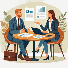 Partners meeting for business discussion with documents and laptop on desk. Couple at round table, speaking, discussing work, partnership. Flat vector illustration isolated on white background