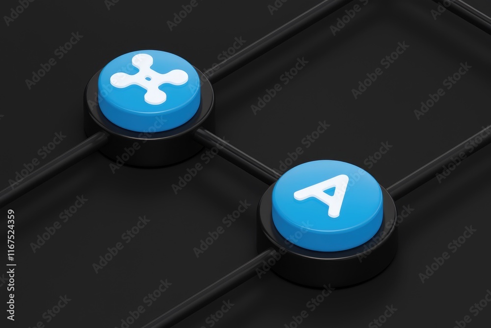 Poster Abstract 3D rendering of interconnected blue buttons with symbols X and A, set against a dark background.