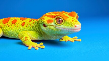 Obraz premium A vibrant green gecko with orange spots poses against a bright blue background, showcasing its colorful and unique features.