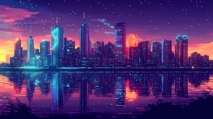 Neon Cityscape Reflecting In Calm Waters At Sunset