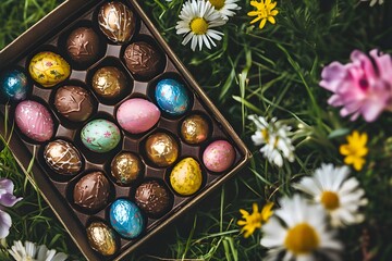 Top-down view of a box of chocolate Easter eggs with colorful wrappers, surrounded by grass and flowers