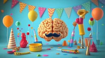 A festive scene featuring a cartoon brain surrounded by party decorations and colorful items.