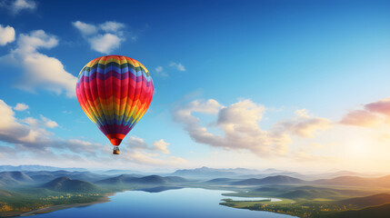 The Majestic Voyage: A Colorful Hot Air Balloon Soaring Across a Vivid Blue Sky