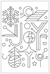 Winter holidays joy themed coloring page with christmas tree ornaments and cute cheerful snowman