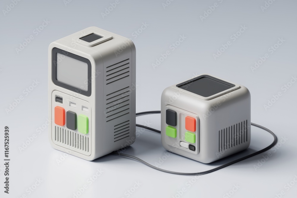 Poster Retro-styled handheld gaming console and a small connected cube.