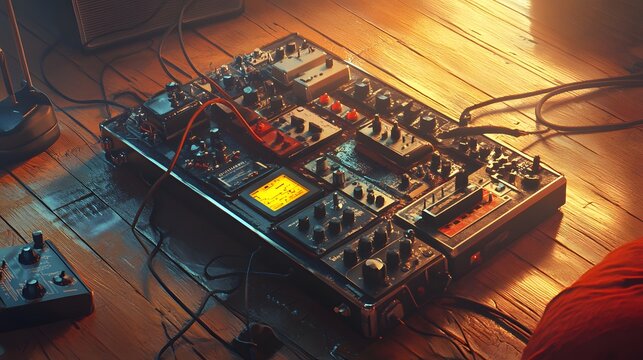 Vintage Guitar Effects Pedals On Wooden Floor