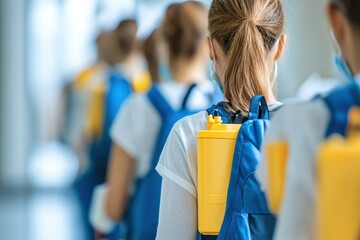 Naklejka premium A line of students carrying yellow backpacks in a bright hallway during a school activity