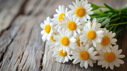 Obraz premium Bouquet of white daisies with yellow centers on wooden background