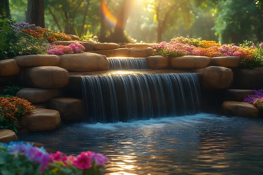 Serene waterfall cascading into a tranquil pond amidst vibrant flowers in a lush garden at sunrise.