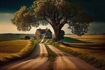 Fototapeta premium Tranquil Countryside Road with Farmhouse and Big Tree