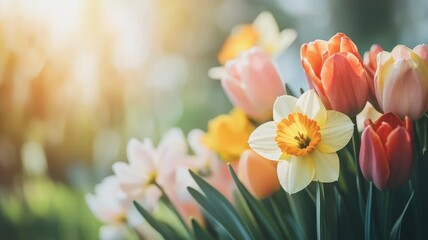 Vibrant tulips and daffodils bloom in sunlight, creating colorful, cheerful garden scene
