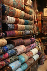 Ornate fabric bolts stacked, colorful patterns.