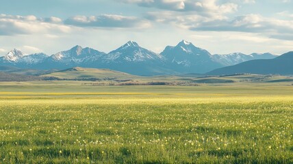 Fototapeta premium Expansive green field with distant picturesque mountains under blue sky