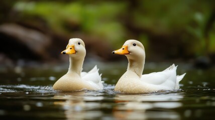 Fototapeta premium Two white ducks with orange beaks swim in serene pond, surrounded by lush greenery