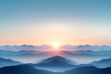 Fototapeta premium Majestic sunrise over a series of mountain ranges, showcasing a gradient of blue tones. The horizon is bathed in warm golden light, creating a serene and tranquil atmosphere.