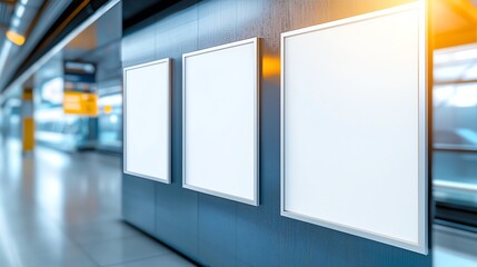 Contemporary urban transport hub with illuminated blank advertising displays