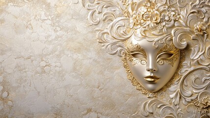 Intricate golden mask with floral ornate design on textured background