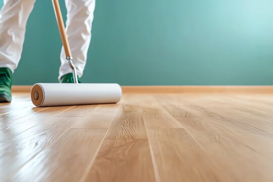 Close-up of worker applying varnish on wooden floor with roller. Emphasizes renovation, craftsmanship, and home improvement. Ideal for DIY enthusiasts or construction themes.