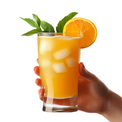 Fototapeta premium Hand holding a glass of orange juice with ice, orange slice, and mint garnish on transparent background. 