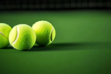 Close-up of three bright green tennis balls on a court