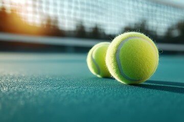 Two tennis balls on a court with a net in the background, captured at sunset, depicting the essence of the sport.