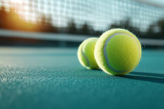 Two tennis balls on a court with a net in the background, captured at sunset, depicting the essence of the sport. - Powered by Adobe