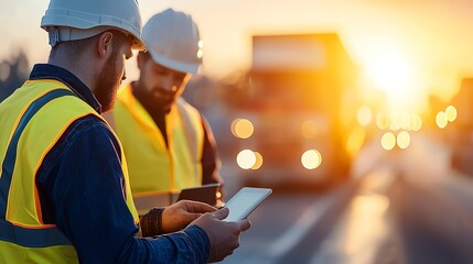 Construction workers in safety vests use digital tablets at a site during sunset