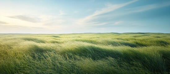 Obraz premium Expansive lush green meadow with a serene boundless horizon and a cloudless blue sky The rolling pastoral landscape evokes a sense of tranquility and peacefulness in the warm sunny day