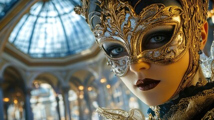 Woman in ornate masquerade mask grand hall with high ceilings and intricate design