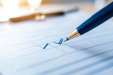 Close-up of a pen marking check boxes on a paper form. Ideal for themes of productivity, organization, and task management. The blue pen adds a touch of professionalism and focus.