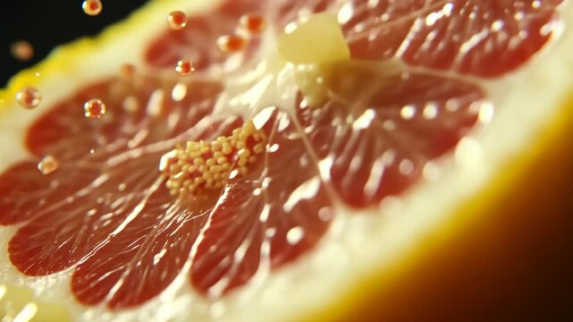 Close-up of vibrant grapefruit with water droplets highlighting its juicy texture and intricate patterns under soft lighting