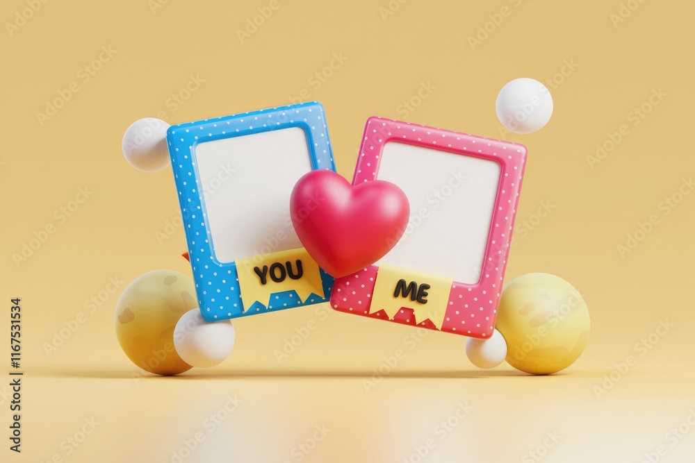 Poster two empty picture frames with a heart, symbolizing love and togetherness.