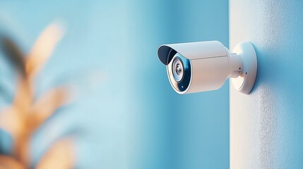 Close-up of a modern security camera mounted on a wall, capturing footage with a blurred plant in the background, symbolizing surveillance technology's role in safety and privacy.
