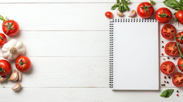 Top view of an open blank notebook surrounded by fresh tomatoes, garlic, and herbs on a white wooden table. Perfect for recipes or culinary presentations.