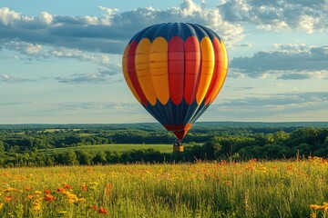 Obraz premium A vibrant hot air balloon glides over a lush green landscape during a golden sunset