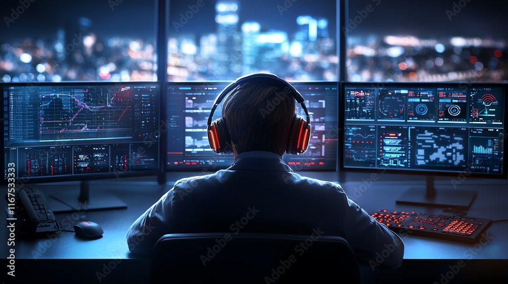 Poster a professional trader analyzing dynamic data on multiple screens in a modern office at night, highli