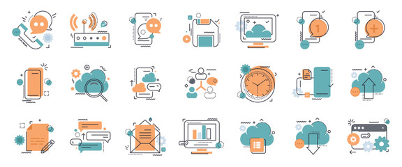 Business and marketing, programming, data management, internet connection, social network, computing, information. Thin line icons set. Flat vector illustration