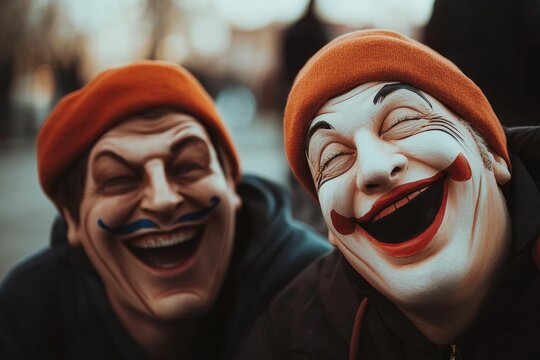Two laughing figures wear comical masks.