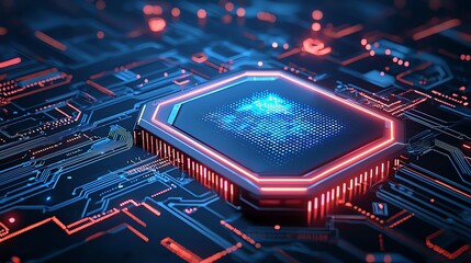 Futuristic glowing microchip on a circuit board, illustrating advanced technology and digital innovation in electronic design and computing power.